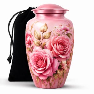 Personalized Pink Rose Memorial Urn For Mom, Floral Cremation Urn, Rose Flower Funeral Urn, Pink Memorial Urn For Adult Ashes