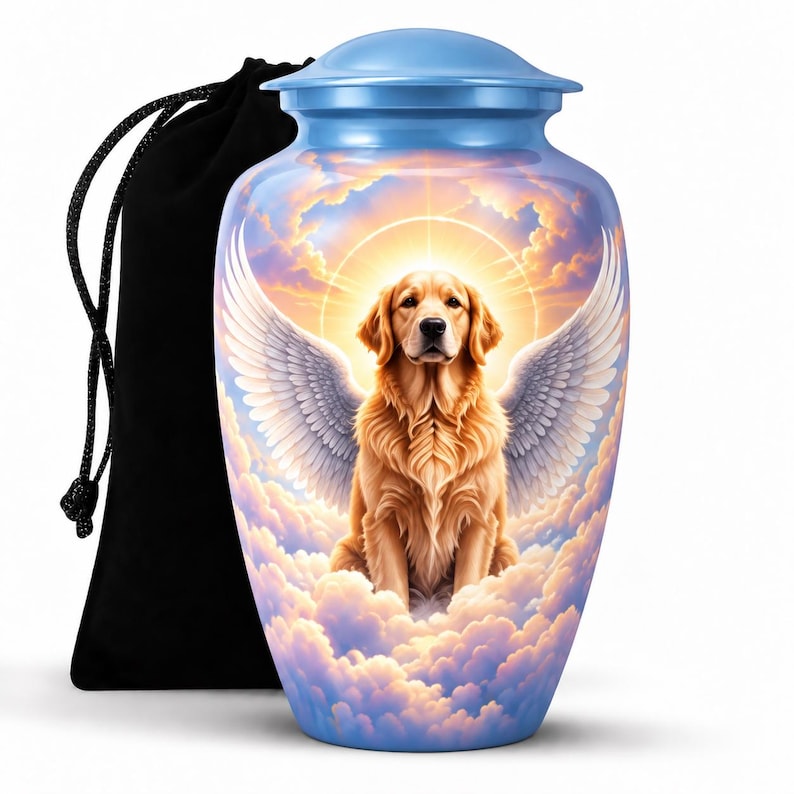 Personalized Angel Dog Memorial Urn For Pet Ashes, Golden Retriever Cremation Urn, Angel Wings Pet Urn, Rainbow Bridge Dog Urn