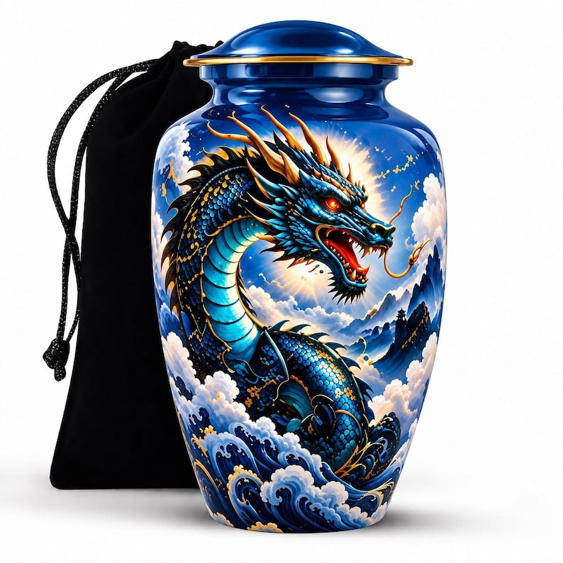 Personalized Dragon Memorial Urn For Human Ashes, Blue Dragon Cremation Urn, Fantasy Funeral Urn, Dragon Memorial Urn For Adult Ashes