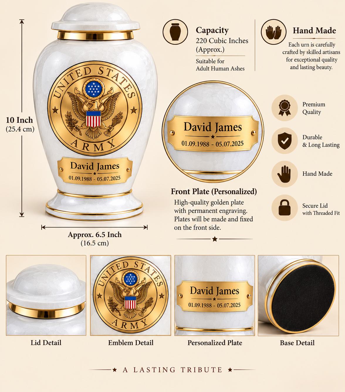Personalized Army Memorial Urn - Veteran Cremation Urn