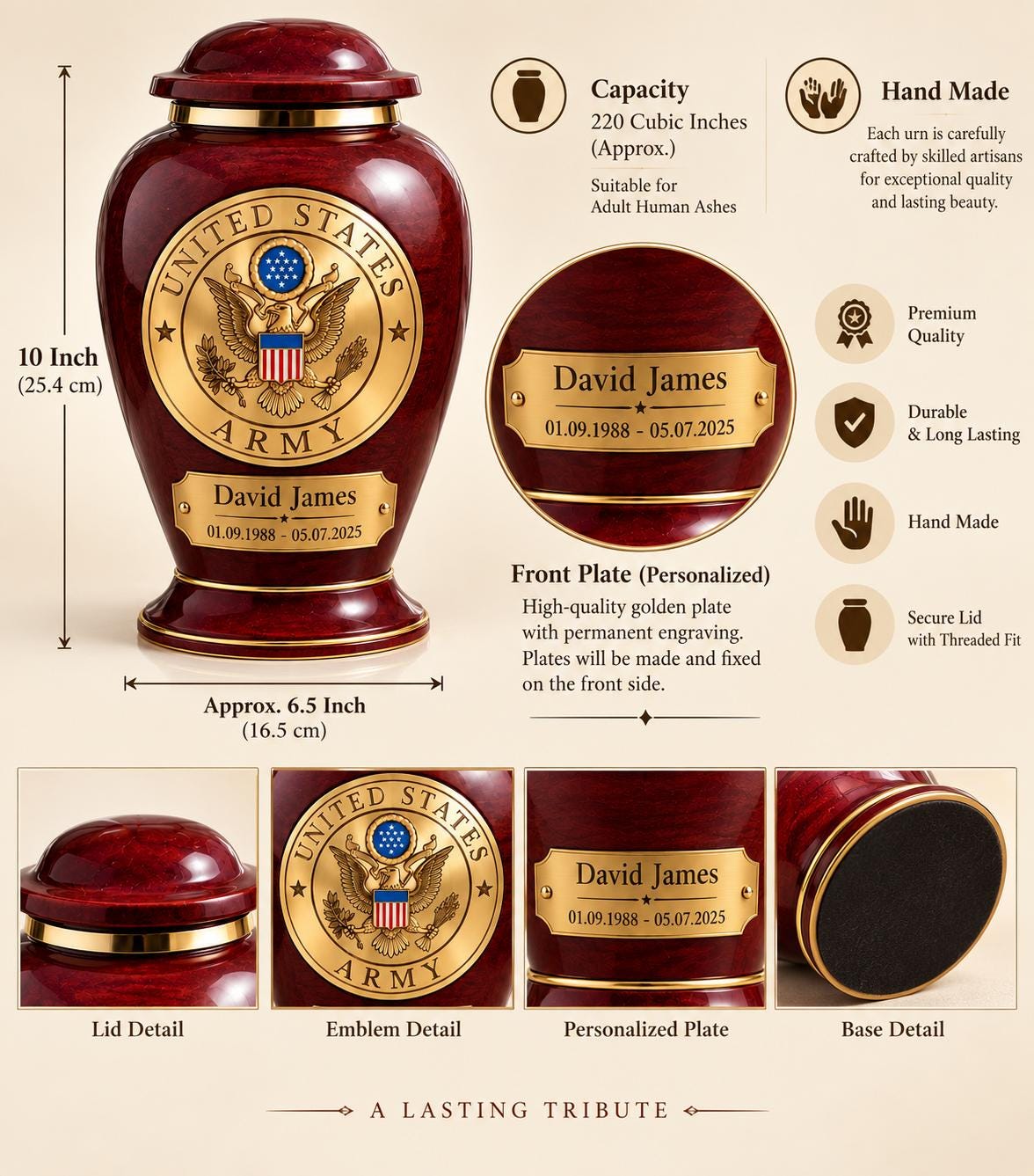 Personalized Army Memorial Urn - Veteran Cremation Urn