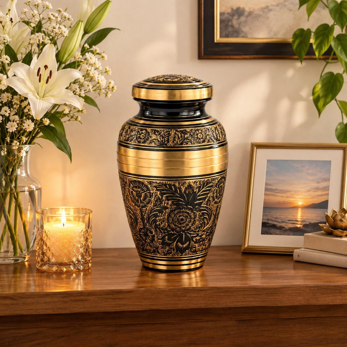 Personalized Engraved Cremation Urn - Black Gold Floral
