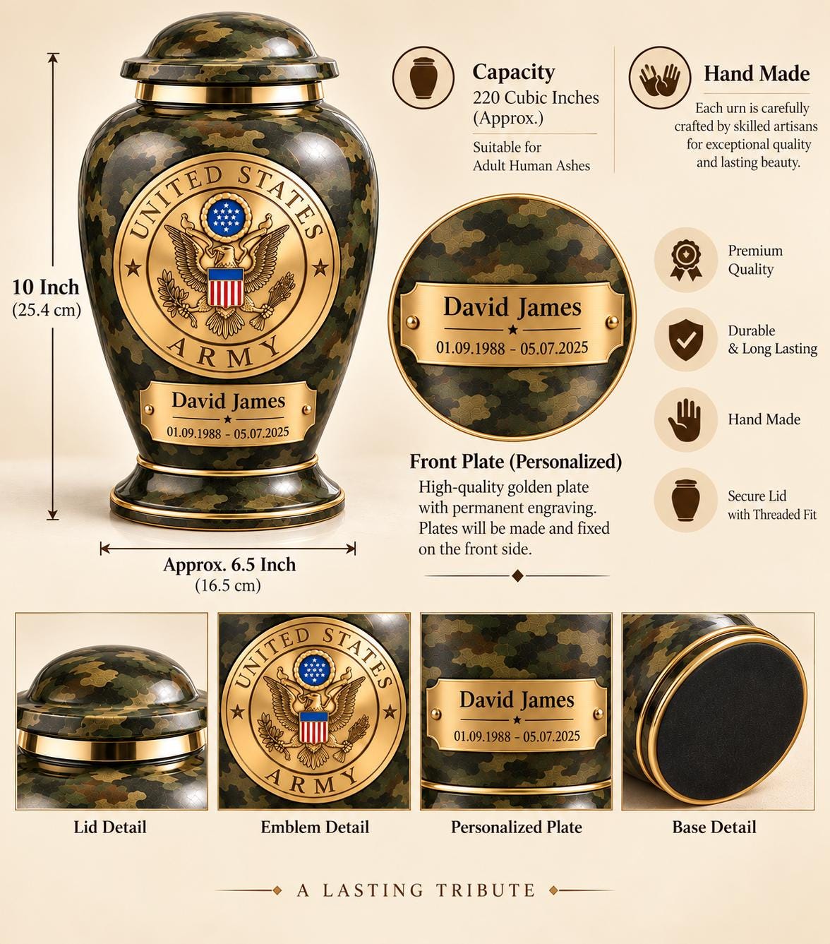 Personalized Army Memorial Urn - Veteran Cremation Urn