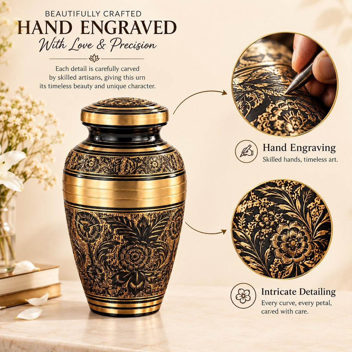 Personalized Engraved Cremation Urn - Black Gold Floral