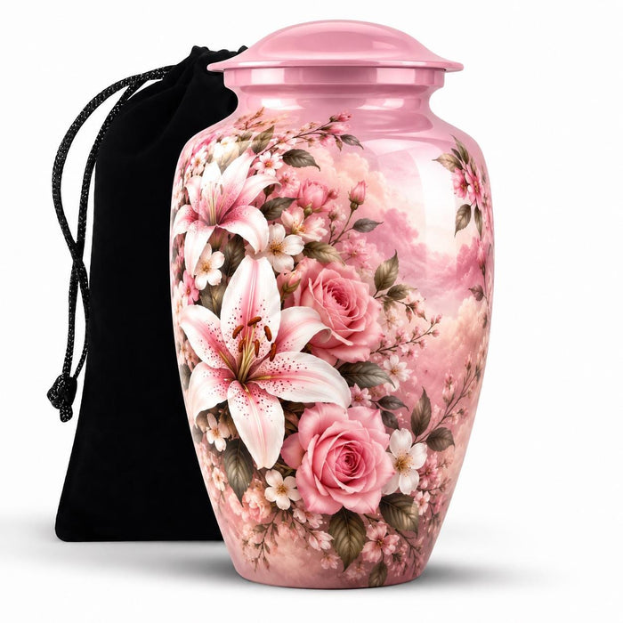 Personalized Pink Floral Urn For Mom - Rose & Lily Urn