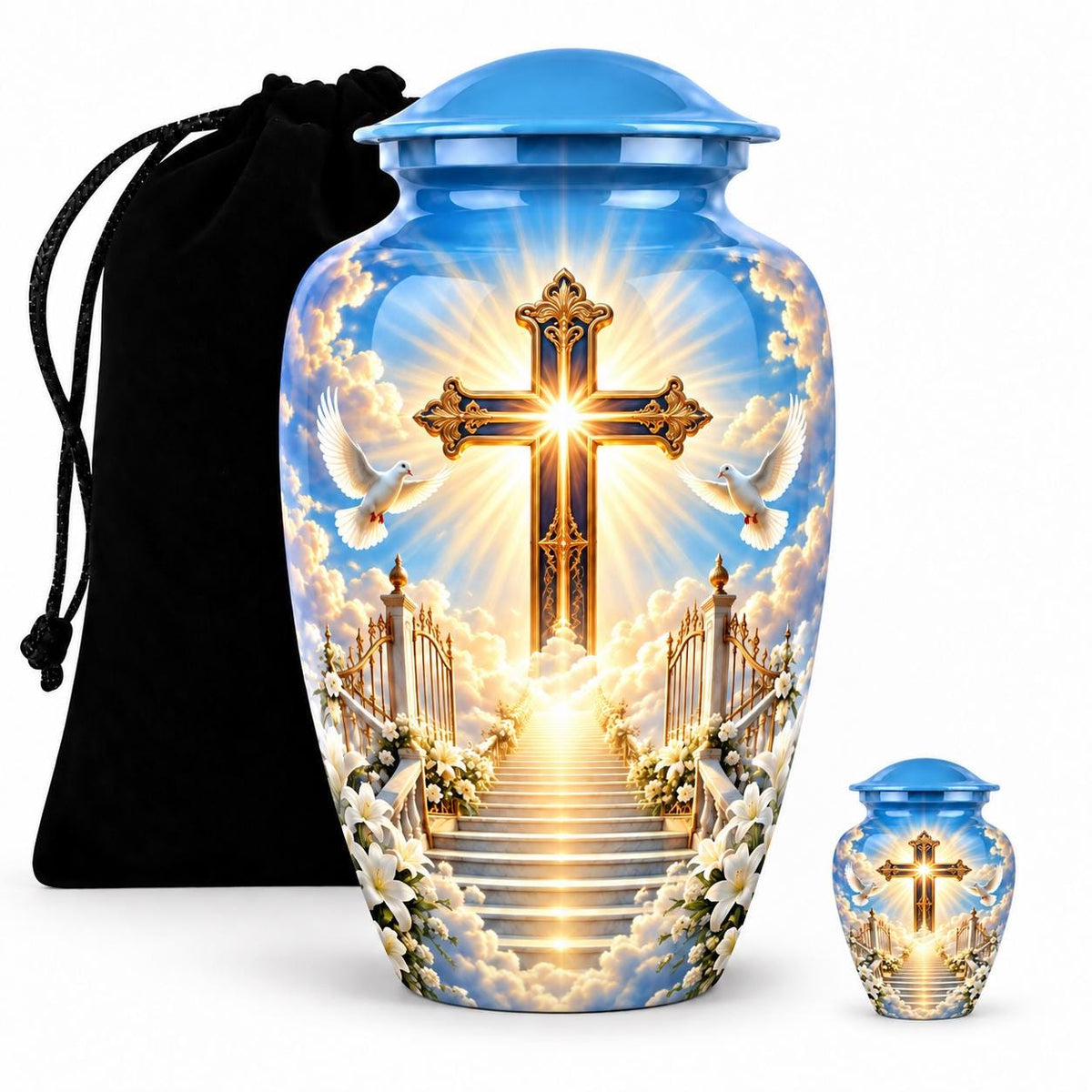 Personalized Cross Memorial Urn - Dove & Heaven Theme