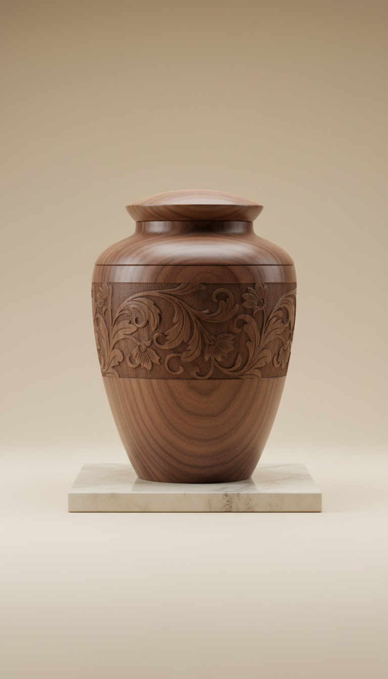 Custom-engraved walnut hardwood urn