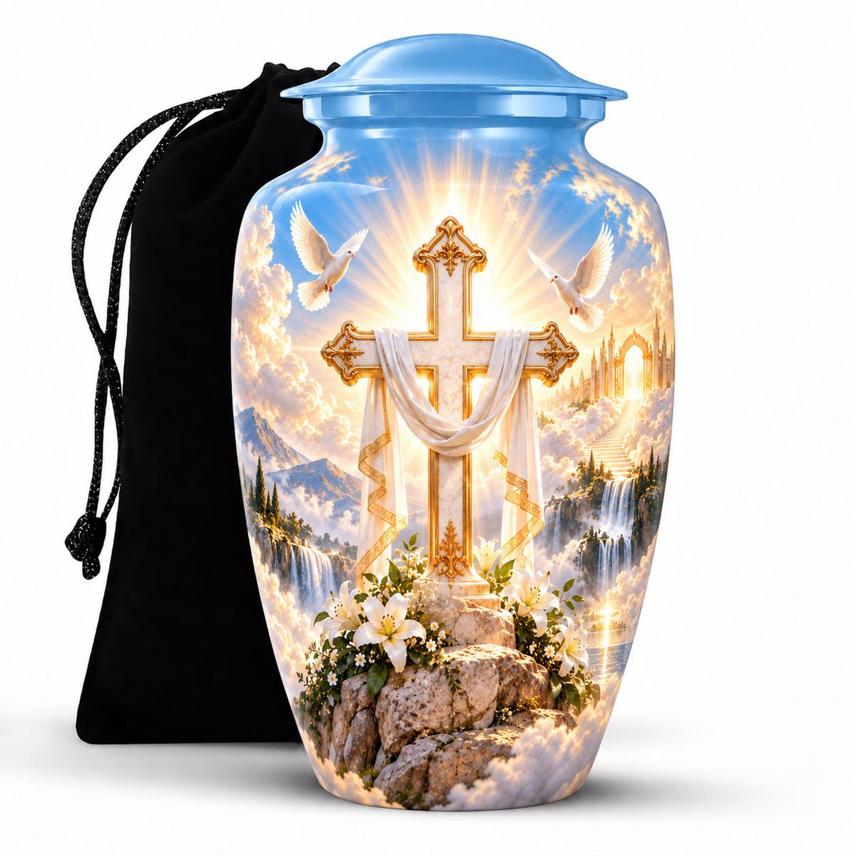 Personalized Cross Cremation Urn for Human Ashes, Christian Memorial Urn, Heaven Theme Funeral Urn for Adult Ashes, Religious Keepsake