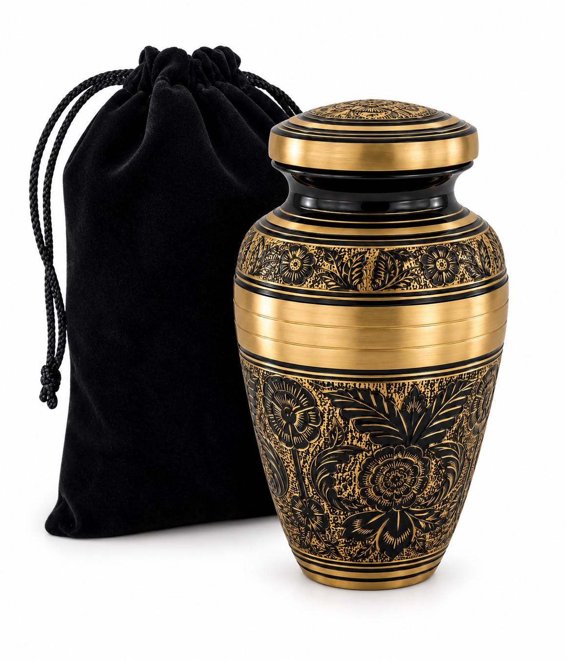 Personalized Engraved Cremation Urn for Human Ashes, Black Gold Floral Memorial Urn, Elegant Funeral Urn for Adult Ashes, Keepsake
