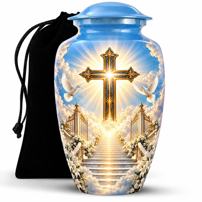 Personalized Cross Memorial Urn - Dove & Heaven Theme