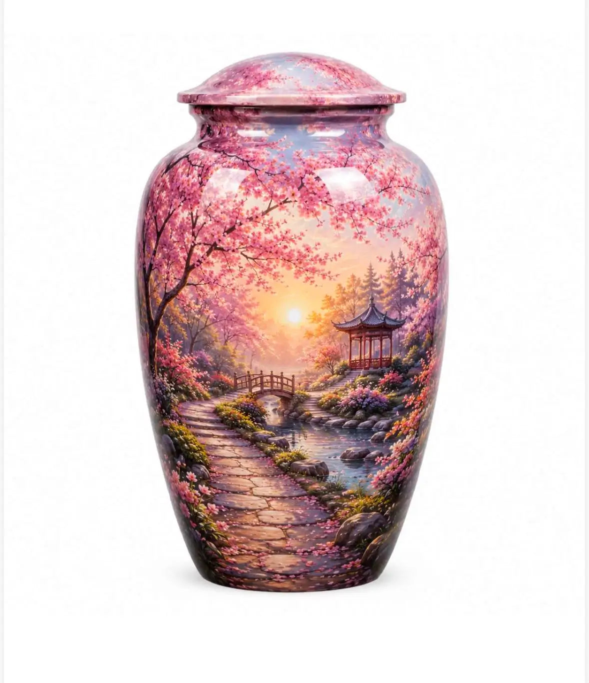 Pretty Urns for Ashes, aluminum urn, 10 inches tall, cherry blossom sunset design, front view. Classic
