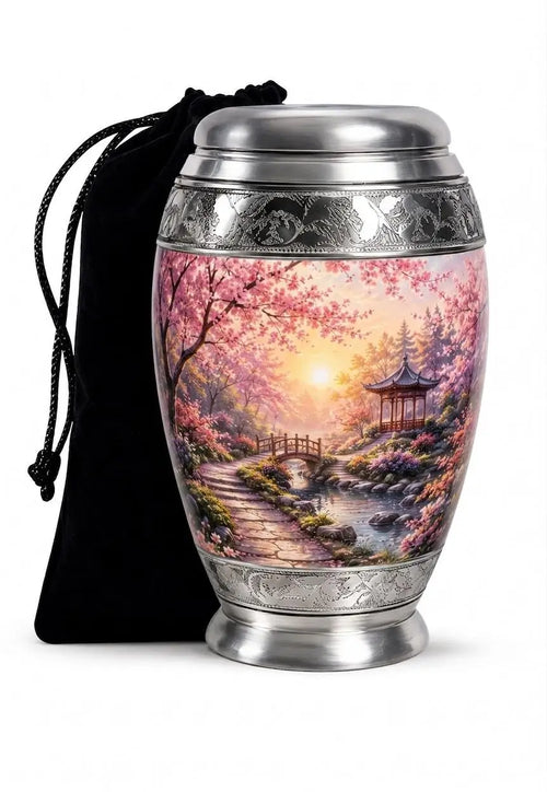 Pretty Urns for Ashes, aluminum urn, 10 inches tall, cherry blossom sunset design, front view. Monar