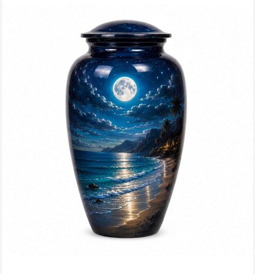 Cremation Urn for Ashes, aluminum urn, 10 inches tall, moonlit beach design, front view.
