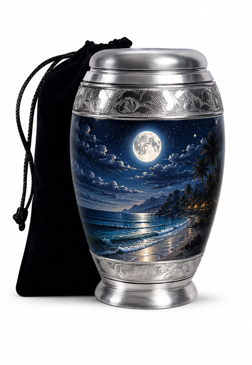 Cremation Urn for Ashes, aluminum urn, 10 inches tall, moonlit beach design, front view.