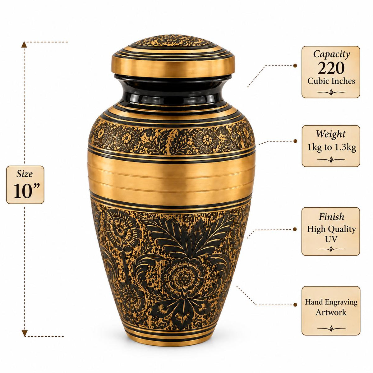 Personalized Engraved Cremation Urn - Black Gold Floral