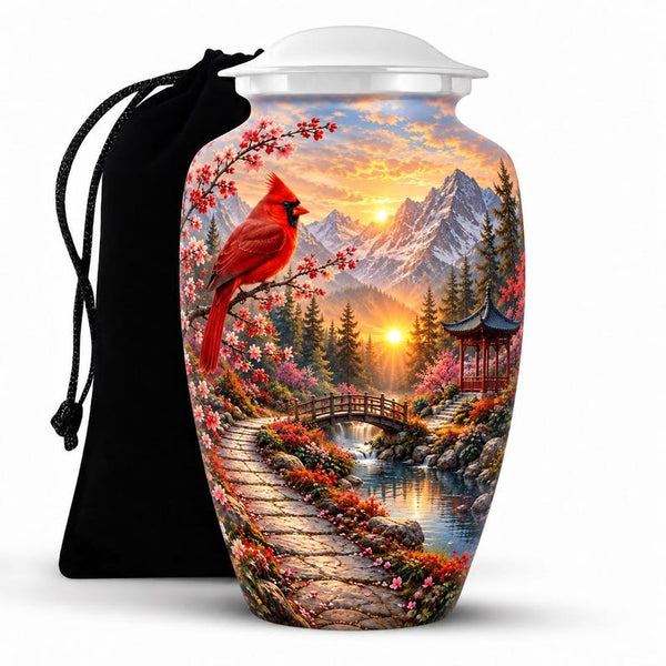 Cardinal Bird Memorial Urn For Adult Ashes - Mountain Cremation Urn For Human Ashes