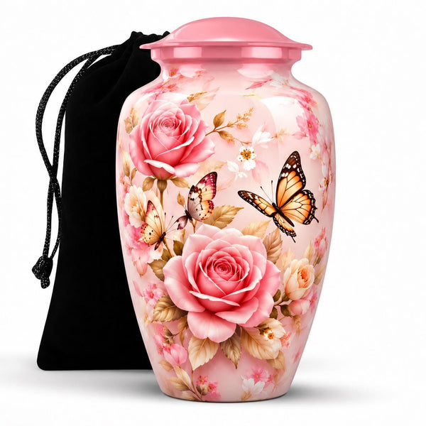 Personalized Pink Rose Butterfly Memorial Urn For Human Ashes, Floral Cremation Urn, Butterfly Funeral Urn